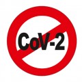 Zapis "CoV-2" w okrągłym znaku zakazu na białym tle z czerwoną obwódką i czerwonym przekreśleniem.